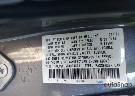 2011 Honda Accord 2.4 Lx из США, поврежденный, VIN 1HGCP2F35BA084529